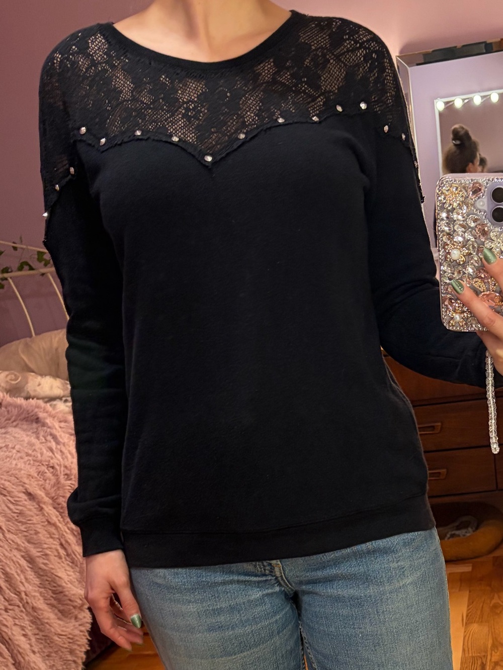 Black Lace Studded Long Sleeve Top